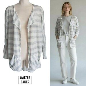 W118 by WALTER BAKER Longline Grey & White Striped Waterfall Open Cardigan L